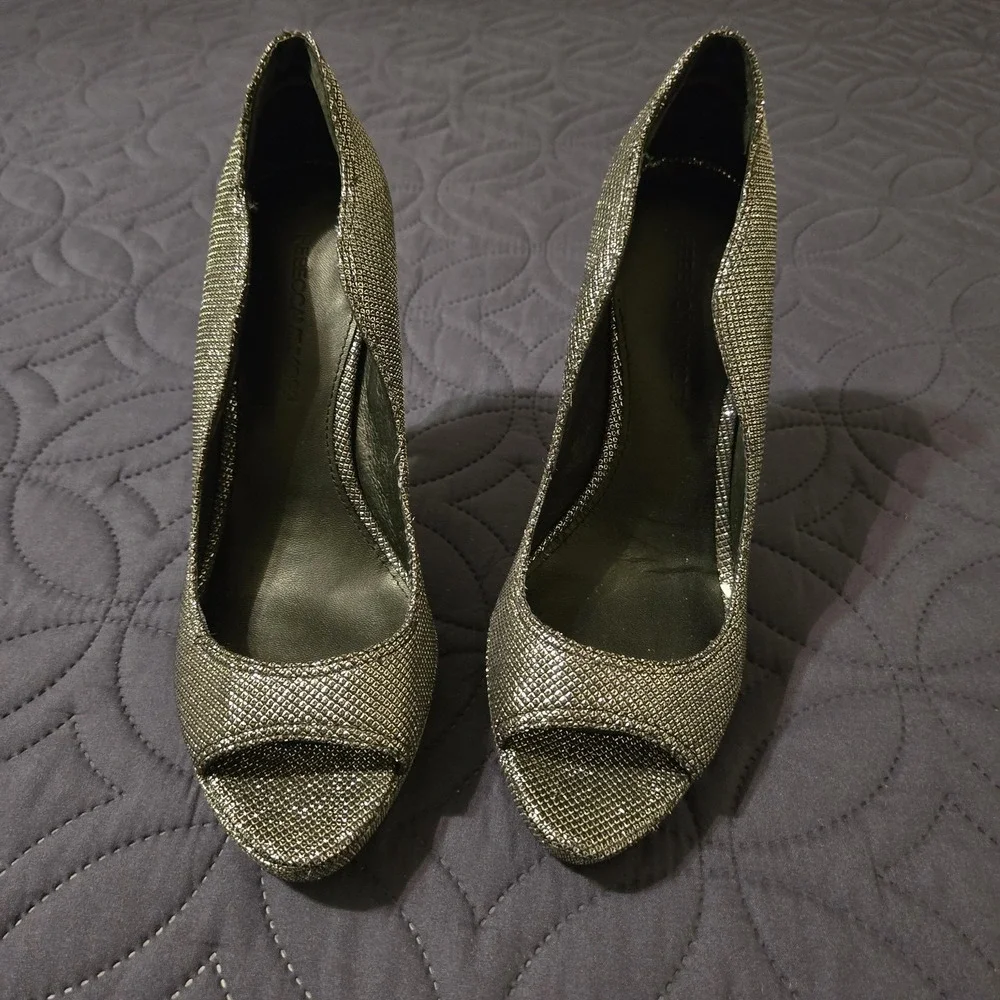 Rebecca Minkoff Heels Womens Size 9M Silver Glitter Peep Toe Stiletto Pump Party